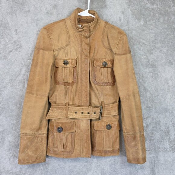 Zara Basic Jackets & Blazers - Zara Basic Jacket Womens Small Brown Leather Belted Safari Military Snap Pockets